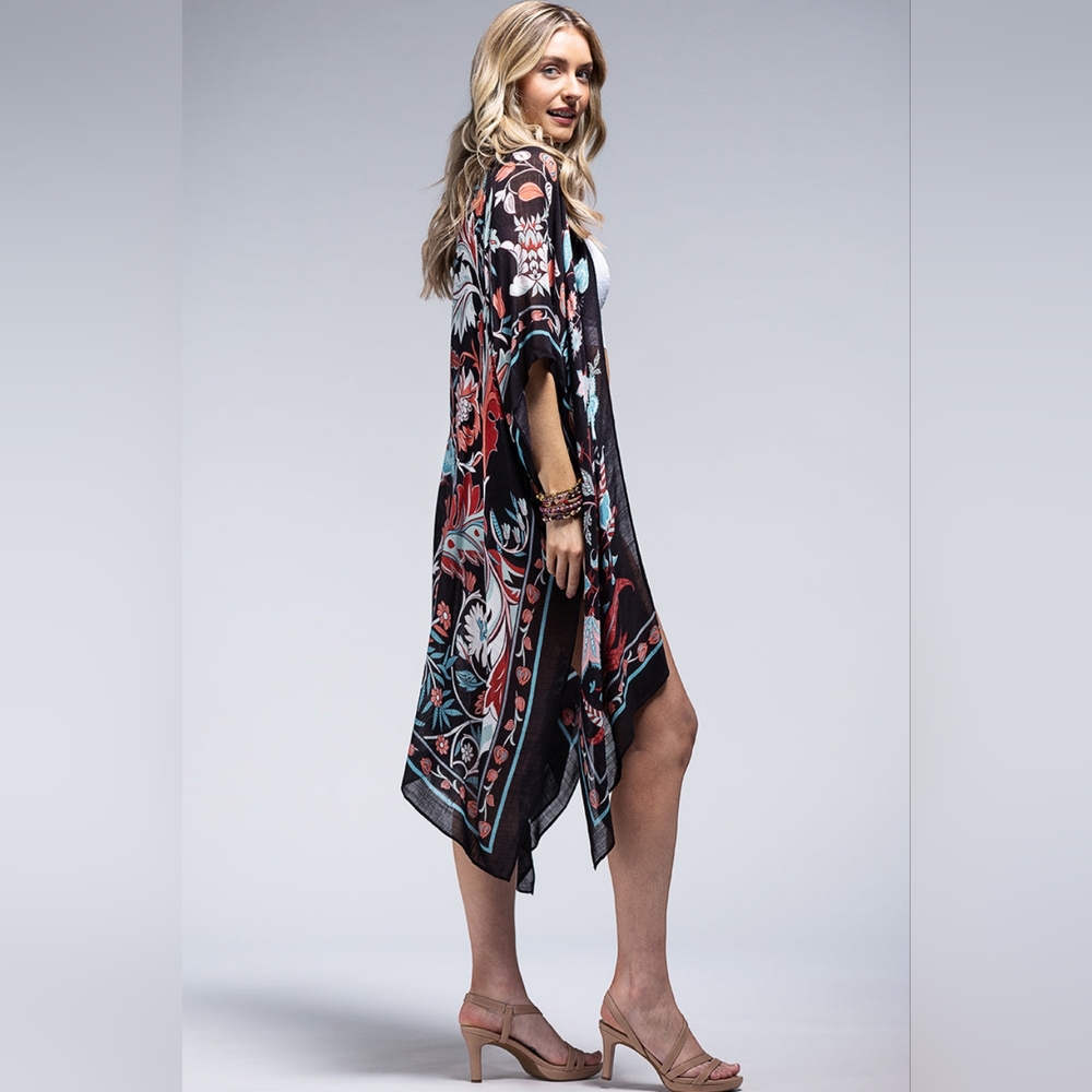 Teal & Black / Leaf & Flower Print Kimono - Lightweight Silky Material - NEW!!! - Picture 4 of 5